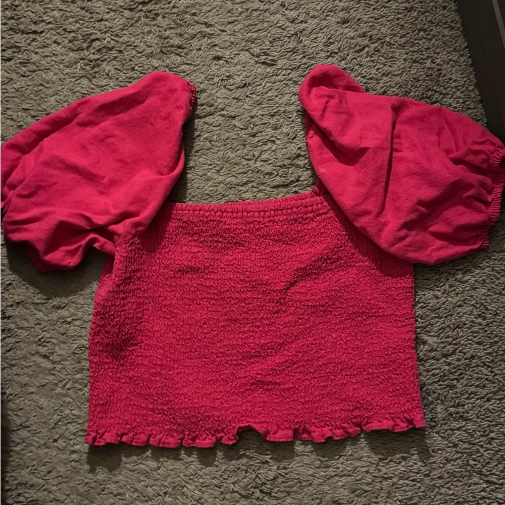 Universal Thread Pink Puff Sleeve Blouse with Smocked Ruffles